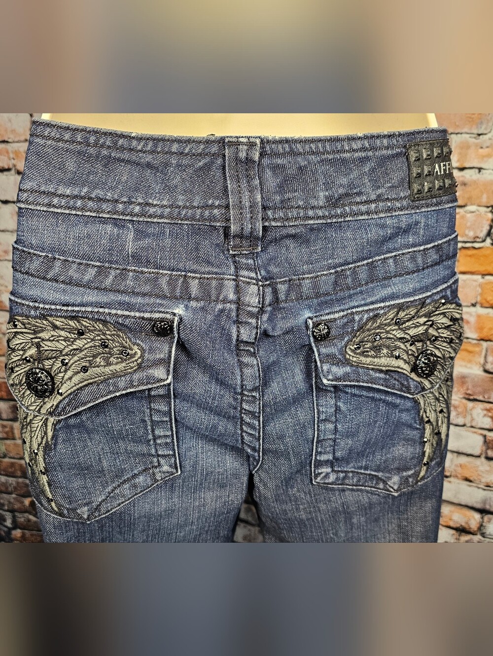 Affliction Embellished Bootcut Jeans Y2K Feather Rhinestone Pocket Denim